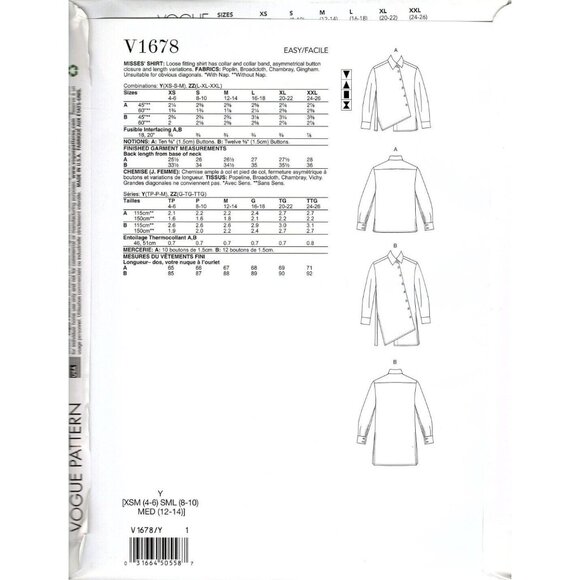 Vogue V1678 Misses XS to M Blouse Button Front Top Uncut Sewing Pattern - Picture 2 of 2